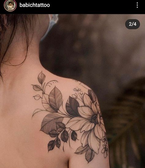 Blooming Shoulder Tattoo, Delicate Shoulder Cap Tattoo, Black And Grey Shoulder Tattoos, Wildflower Shoulder Cap Tattoo, Wildflower Tattoo Shoulder Cap, Back Upper Arm Tattoos For Women, Unique Flower Tattoos For Women, Shoulder Floral Tattoos For Women, Flower Tattoo Shoulder Blade