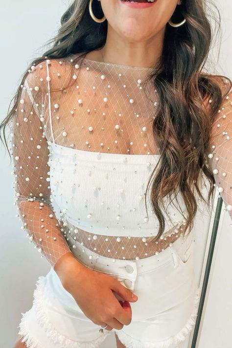 Mesh Beaded Top, Sparkly Bride Bachelorette Outfit, Pearl Bachelorette Outfit, Pearl Overlay Top, Bachelorette Jeans Outfit, Mesh Pearl Top Outfit, Sheer Pearl Top Outfit, Pearl Mesh Top Outfit, Casual Bachelorette Party Outfit