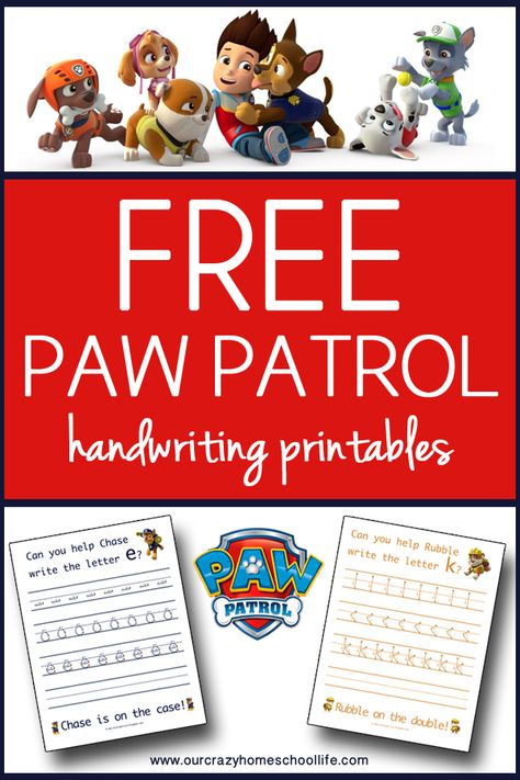 FREE Printable Paw Patrol Handwriting Worksheets! - Our Crazy Homeschool Life Paw Patrol Worksheets, Paw Patrol Printables Free, Free Printable Paw Patrol, Handwriting Printables, Printable Paw Patrol, Paw Patrol Printables, Learn Handwriting, Abc Worksheets, Improve Your Handwriting