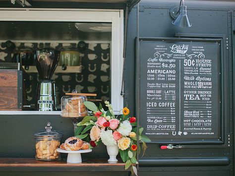 Coffee's up! This mobile coffee truck based in Austin is finally up and running. We did the branding about a year and a half ago. Super excited to reveal all the little details.  Check out the atta... Food Truck Menu Display, Coffee And Pastry Food Truck, Food Truck Signage, Pastry Truck, Coffee Trailer Interior, Black Food Truck, Food Truck Interior, Foodtrucks Ideas, Coffee Food Truck