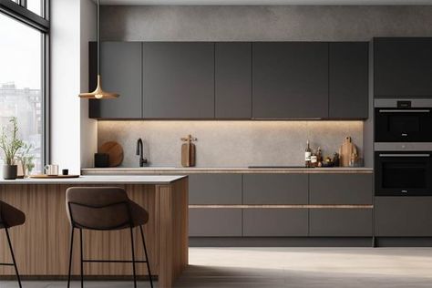 Modern Dark Grey Kitchen Cabinets |Grey Modern Kitchen Cabinets Anthracite Kitchen, Dark Grey Kitchen Cabinets, Light Grey Kitchen Cabinets, Modern Grey Kitchen, Light Grey Kitchens, Open Concept Kitchen And Living Room, Light Gray Cabinets, Scandinavian Kitchen Design, Серая Кухня