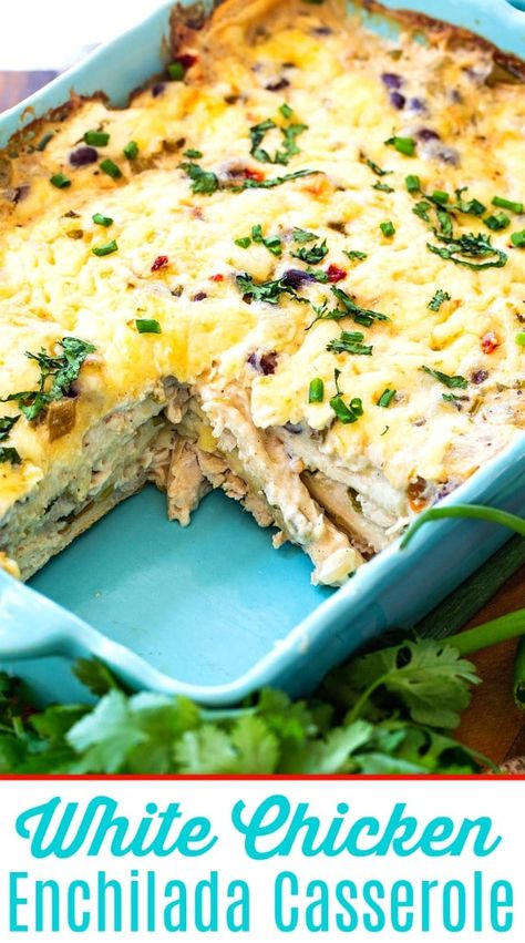 White Chicken Enchilada Casserole Enchiladas Chicken Casserole, White Enchiladas Chicken, White Chicken Enchilada Casserole, White Enchiladas, Casserole Enchilada, Enchiladas Chicken, Spinach Enchiladas, Chicken Enchilada Casserole Recipe, Enchilada Bake