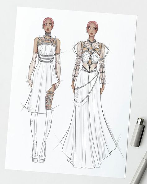 Oxana Goralczyk on Instagram: “Something a little bit more intricate this time ⛓ Please, help me fight the algorithm by liking, saving, commenting or sharing. It means a…” Oxana Goralczyk, Fashion Design Patterns, Fashion Sketchbook, Please Help Me, Design Patterns, Help Me, Sketch Book, Princess Zelda, Fashion Design