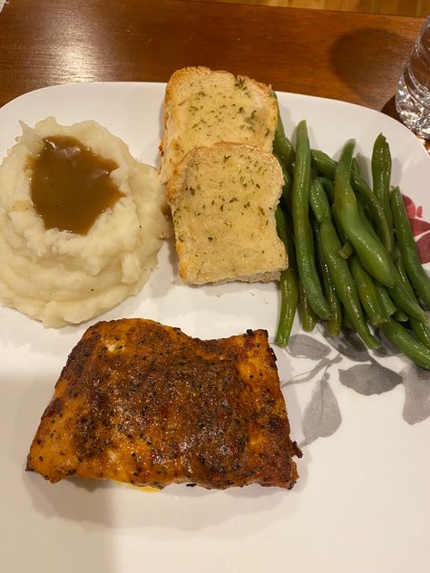 Grilled barbecued salmon with mashed potato and gravy and green beans Green Beans And Mashed Potatoes, Salmon With Mashed Potatoes, Mashed Potato And Gravy, With Mashed Potatoes, Salmon Dinner, Mashed Potato, Gravy, Green Beans, Mashed Potatoes