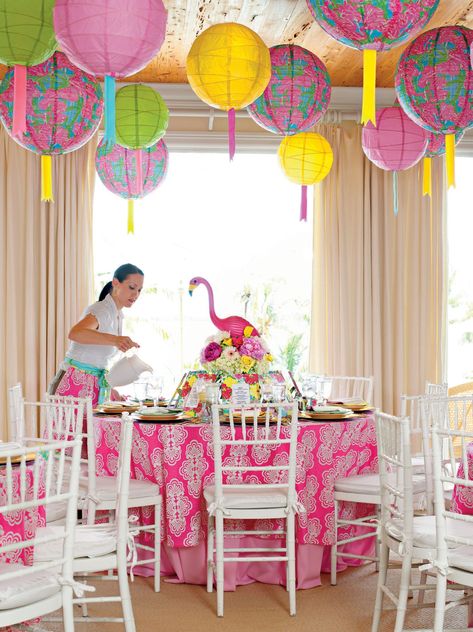 Lilly Party, Barn Party, Hanging Paper Lanterns, Preppy Party, Lilly Pulitzer Inspired, Theme Classroom, Round Tables, Flamingo Party, Paper Lantern