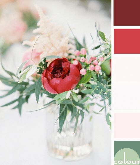 red flowers, pink and red, red and green, ivory, floral arrangements, clear glass vases, mint green, sage green, light pink, burgundy, dark red, faded red, warm white, pantone spiced apple White Pantone, Pink Laundry Rooms, Pink And Red Flowers, Wedding Color Scheme, Christmas Color Palette, Red Colour Palette, Green Sage, Bright Wedding, Wedding Palette