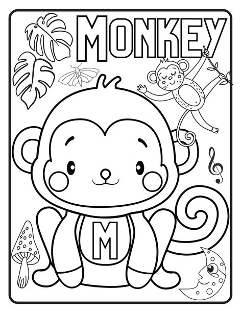 Monkey Coloring Page Digital Download, Monkey Coloring Page, Digital Coloring Page M For Monkey, M Is For Monkey, Cute Coloring Page, Monkey Coloring Pages, Happy 13th Birthday, Tropical Pillows, Activity Sheets For Kids, Digital Coloring, Sunset Art