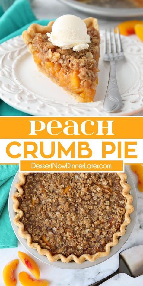 This Peach Crumb Pie can be made with fresh or frozen peaches and is topped with a delicious brown sugar and cinnamon streusel topping. A summer pie you can enjoy year round!