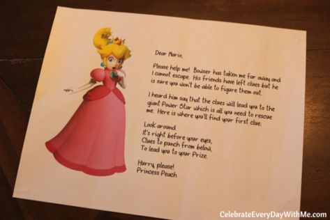 How to Create a Super Mario Brothers Scavenger Hunt - Celebrate Every Day With Me Nintendo Birthday Party, Super Mario Brothers Birthday, Princess Peach Party, Mario Day, Mario Crafts, Nintendo Party, Super Mario Bros Birthday Party, Scavenger Hunt Birthday, Super Mario Bros Party