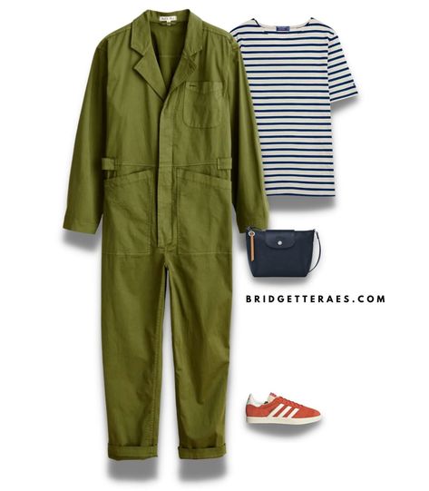 HOW TO WEAR A UTILITY JUMPSUIT WITHOUT LOOKING LIKE A MECHANIC, FACTORY WORKER, OR LIKE YOU WORK IN AN OIL FIELD - Bridgette Raes Style Group Utility Jumpsuit Shoes, Styling Utility Jumpsuit, Styling Womens Coveralls, Green Jumpsuit Outfit With Jacket, Utility Jumpsuit Outfit Street Style, Utility Outfit Street Styles, Black Utility Jumpsuit Outfit, Utility Jumpsuit Street Style, Boiler Suit Street Style