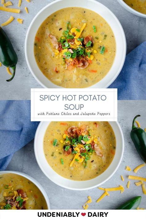 Kick winter blues to the curb with this flavor-packed Spicy Hot Potato Soup recipe with milk. It's got everything you need from poblano chiles to onion to bacon. It’s the perfect wintertime soup to warm your heart. Potato Poblano Soup, Spicy Potato Soup, Jalapeno Potato, Recipe With Milk, Poblano Soup, Healthy Liver Diet, Jalapeño Peppers, Hot Potato, Chowder Soup