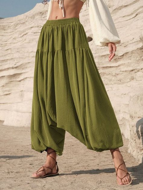 Green Casual Collar  Woven Fabric Plain Harem/Genie Embellished Non-Stretch  Women Clothing Haram Pants Outfit, Hippie Pants Outfit, Haram Pants, Harem Pants Outfit, Harem Pants Pattern, Bamboo Pants, Harem Pants Fashion, Forest Clothes, Funky Pants