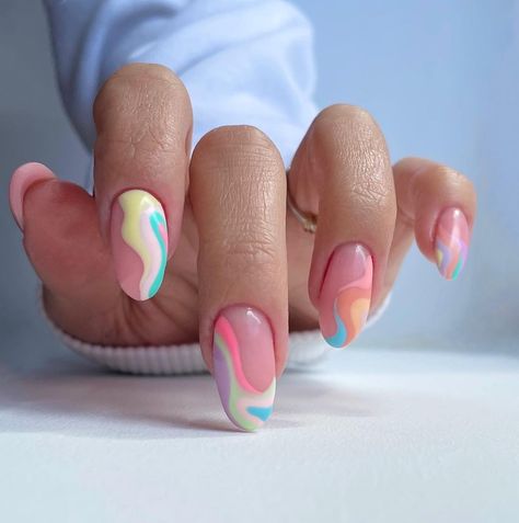 French Tips With Swirls, Colorful Swirl Nails, Summer Swirl Nails, Biab Nails, Swirl Nail Art, Summer Nails Almond, Summer Nails Ideas, Tricep Workout, Teen Nails