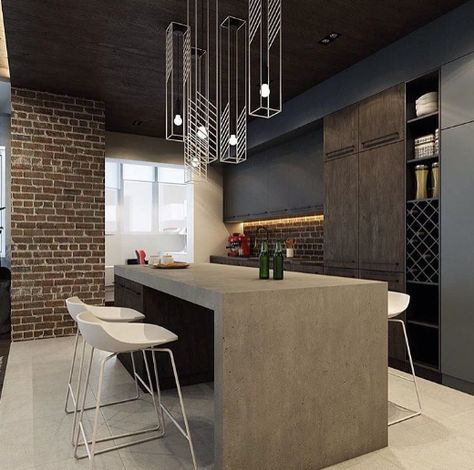 Mesa de concreto Brick Interior, Concrete Counter, Flat Decor, Stylish Interior Design, Concrete Kitchen, Brick Walls, Trendy Kitchen, Apartment Kitchen, Counter Tops