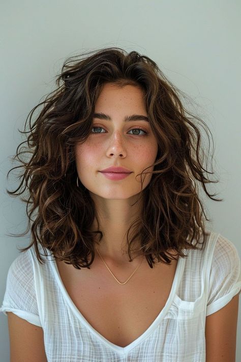 Medium Length Wavy Hair Curtain Bangs, Collarbone Length Hair With Layers Curly, Medium Short Hairstyle Women Wavy Hair, Haircuts To Bring Out Natural Waves, Hairstyles Curls Medium, Wavy Hair Collarbone Length, Below Shoulder Curly Hair, Shaggy Hair Without Bangs, 90s Haircuts Wavy Hair