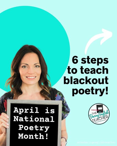 April is right around the corner, and I am here to help you get ready to celebrate National Poetry Month in your classroom! Comment “blackout” below, and I’ll DM you a link to my blog where I share six steps for teaching and creating blackout poems! Make sure you check out the blog post for a more in-depth look at creating blackout poetry in your classroom! #teacher #teachergram #ELAteacher #iteachELA #poetry #blackoutpoetry #NationalPoetryMonth #iteachpoetry #highschoolenglishteacher #it... Blackout Poems, National Poetry Month, Poetry Month, Ela Teacher, Classroom Teacher, Blackout Poetry, I Am Here, English Teacher, Around The Corner