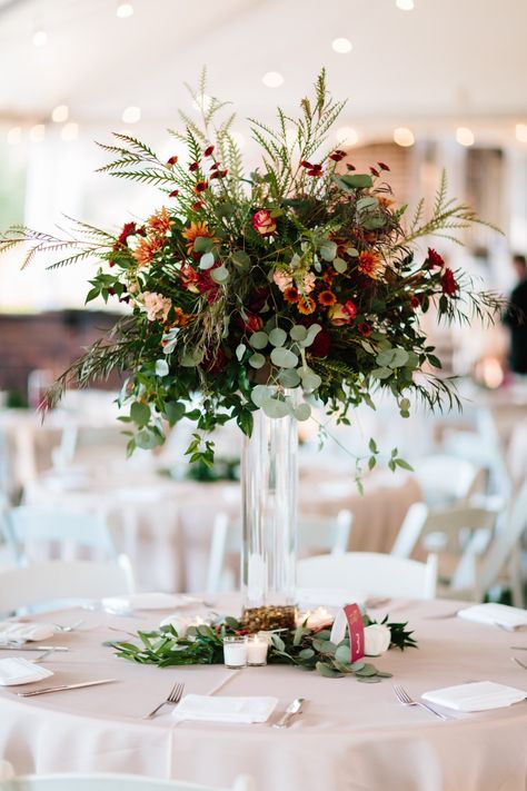 Burgundy Orange Wedding, Autumn Wedding Centerpieces, Tall Flower Centerpieces, Barnsley Resort, Rusting Wedding, Fall Wedding Color Schemes, Lighted Centerpieces, Greenery Wedding Decor, Orange Wedding Flowers