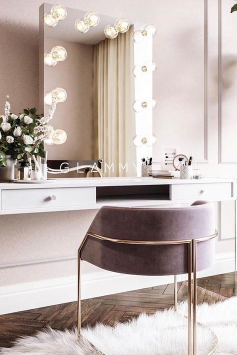 Modern Makeup Vanity Table With Gray Chair #graychair #mirrorwithlights ★ You’ve finally decided to get a makeup vanity table but lack ideas? To help you with your makeup organization, we’ve picked out the best vanity tables for every taste and budget. From small to large, from boho with lighting to plain rustic, you’ll surely find the vanity table of your dream here. ★ #vanitytable #makeupvanitytable #makeuporganization #makeup #hollywoodmirror Makeup Vanity Ideas Bedrooms, Makeup Vanity Decor, Modern Vanity Table, Makeup Vanity Table, Table Vanity, Farmhouse Side Table, Makeup Table Vanity, Cute Dorm Rooms, Vanity Design