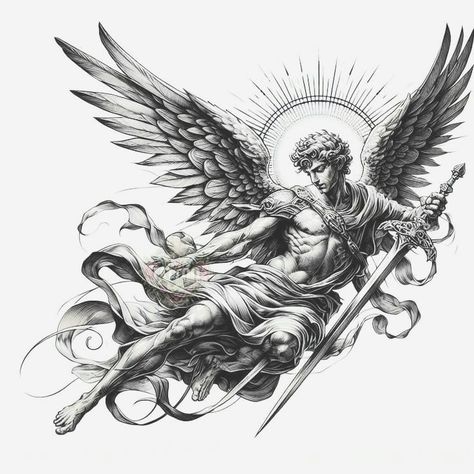 Winged Statue Tattoo, Gods Angel Tattoo, Raphael Angel Tattoo, Guardian Angels Tattoo, Angel Raphael Tattoo, Greek Statues Drawing, Gaurdian Angel Tattoo, Michael Angel Tattoo, Archangel Michael Tattoo For Men