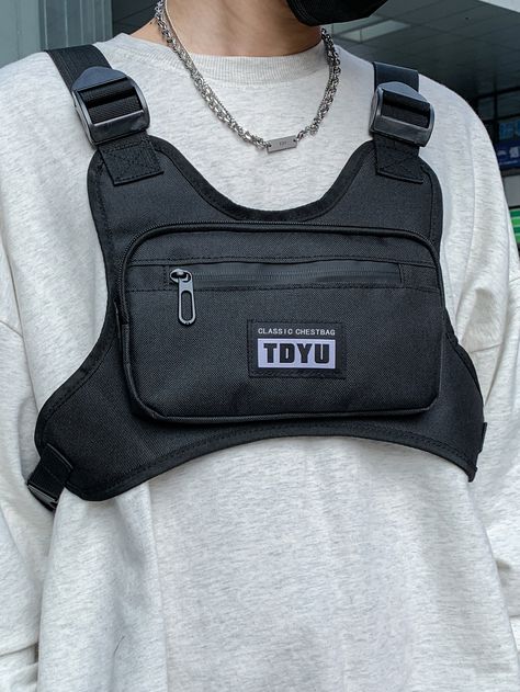 Black    Oxford Letter Chest Rig Bag    Men Bags Chest Bag Outfit For Men, Chest Bag Men Outfit, Chest Rig Bag, Cyberpunk Outfit Men, Cyberpunk Outfit, Techwear Cyberpunk, Chest Bag Men, Secretary Outfits, Mens Bag