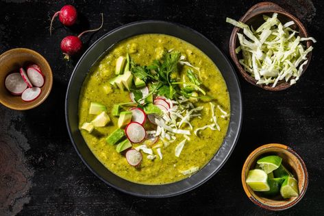 Soup With Hominy, Vegan Pozole, Tomatillo Soup, Pozole Verde Recipe, Canned Tomatillos, Green Pozole, Pozole Verde, Canned Hominy, Pickled Cauliflower