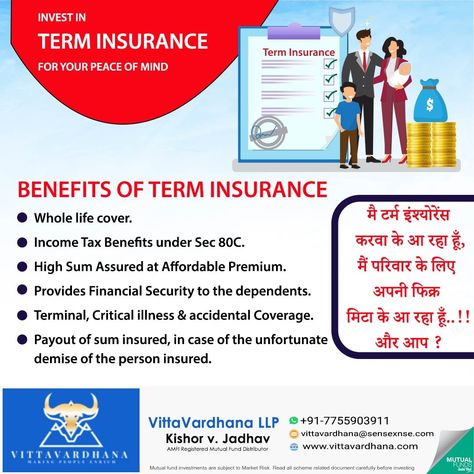 Secure the future of your loved ones with VittaVardhana's Term Insurance. Affordable premiums for a lifetime of peace. 🌟👨👩👧👦  #FamilyFirst #InsuranceMatters #SmartInvesting #ProtectYourLovedOnes #FinancialSecurity #InsuranceSolutions #HealthCoverage #AccidentalCover #CriticalIllnessProtection #IncomeTaxBenefit #AffordablePremiums #WholeLifeCover #DependentsSecurity #InsureLife #SavingsPlan Term Insurance, Critical Illness, Life Cover, Mutual Fund, Market Risk, Savings Plan, Income Tax, Family First, Share Market