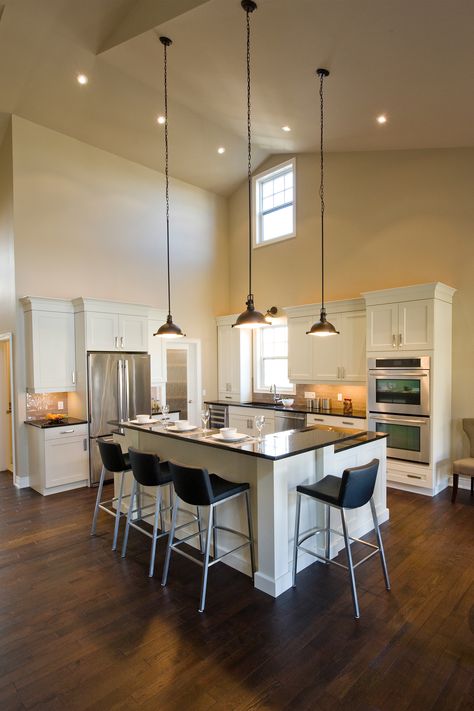 Old Mill Lane kitchen - L-shaped breakfast bar, high ceilings, pendant lighting, open concept Dapur Rustic, Lights Over Dining Table, High Ceiling Lighting, Rustic Kitchen Lighting, Kitchen Island Lighting Modern, Modern Kitchen Lighting, Kitchen Lighting Design, Kitchen Layout Plans, Loft Kitchen