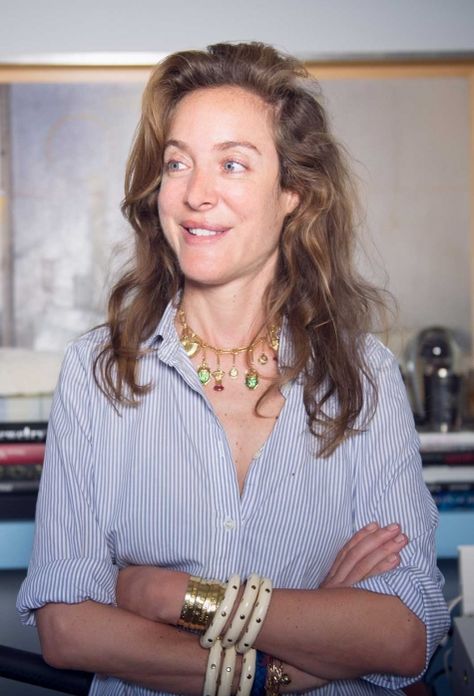 Jewelry designer Aurélie Bidermann in her New York apartment. All jewelry created by her. Chic Over 50, Charlotte Rampling, Acne Jeans, Aurelie Bidermann, New York Apartment, Harper’s Bazaar, Hand Jewelry, The Net, Blouse Styles