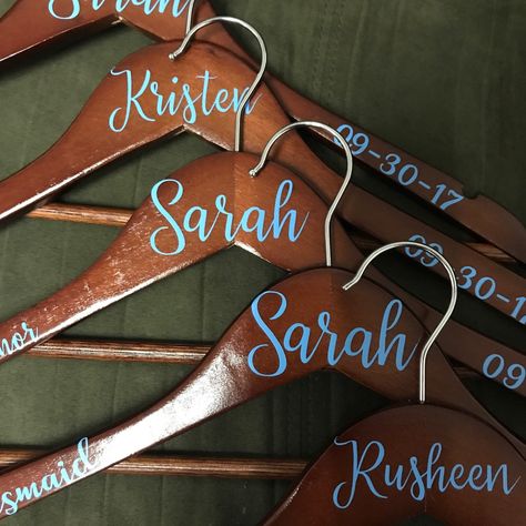 Wooden Hangers Personalized With Your Wedding Parties Name, Title & Date. A Great Way To Hang Their Dress In The Closet. You Pick The Color To Match Their Dress. Hangers Wedding, Wedding Dress Hangers, Wedding Dress Hanger, Party Names, Dress Hanger, Wedding Hangers, In The Closet, Wedding Parties, Wooden Hangers