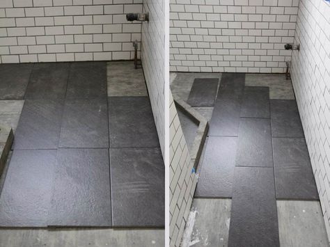 Lowes Galvano Tile 2.30  What's the Best Tile Layout For My Bathroom?: Straight or Staggered? Rectangle Tile Bathroom, Rectangle Tile Floor, Staggered Tile, Bathroom Floor Tile Patterns, Large Tile Bathroom, Slate Bathroom, Large Floor Tiles, 12x24 Tile, Patterned Bathroom Tiles