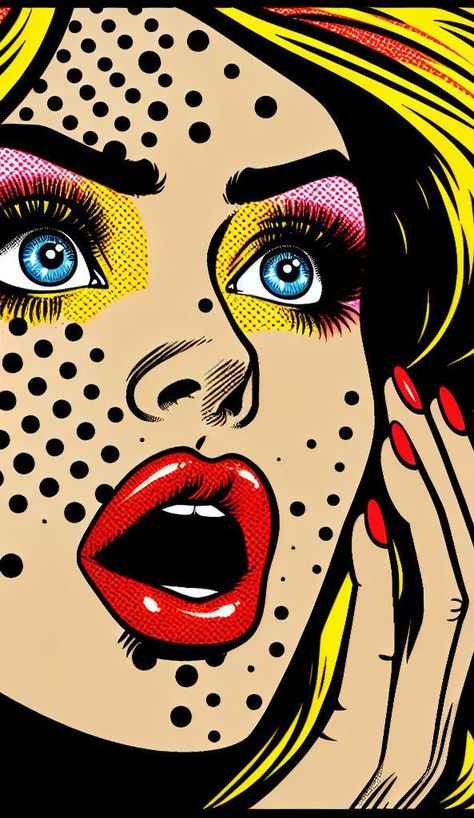 Découvrez ce Papier peint bande dessinée qui capture l'essence du style pop art avec son visage féminin grand format, débordant d'expression et de couleur. Les lèvres rouge vif, les cils définis et les ombres à paupières audacieuses se marient pour créer une image saisissante qui semble presque parler. L'effet de surprise et de fascination de ce Papier peint pop art bd est instantané, plongeant l'observateur dans un monde de drame artistique et de beauté audacieuse.Idéal pour donner vie à un sal Retro Comic Art, Images Pop Art, Pop Art Pictures, Alevel Art, Illustration Pop Art, Pop Art Vintage, Pop Art Images, Pinup Art, Vintage Pop Art