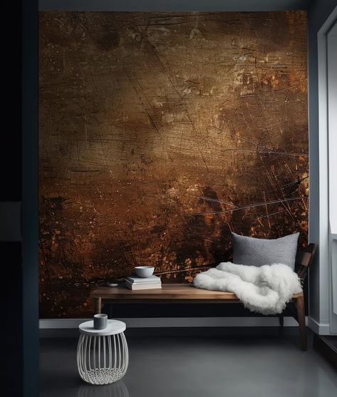 Rustic Grunge Decor, Copper Concrete Textured Wallpaper, Old Rusty Wallpaper, Abstract Peel Stick Wallpaper, Dark Copper Murals #rusticdecor #copper #grunge #grungedesign #oldwallpaper #concretewallpaper #abstraction #peelandstickwallpaper #dark #darkcopper #wall #wallpaper Interior Stone Accent Wall, Rustic Wall Finishes, Masculine Wallpaper, Wall Papering Ideas, Grunge Decor, Leather Wallpaper, Dark Bedrooms, Copper Living Room, Copper Bedroom