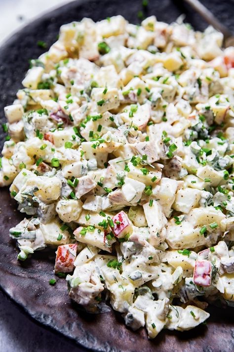 Russian Potato Salad Recipe Olivier Boiled Kielbasa, Salad Recipe With Chicken, Chicken Dijon, Russian Potato Salad, Chicken Potato Salad, Olivier Salad, Potato Salad With Apples, Recipe With Chicken, Potato Salad Dressing