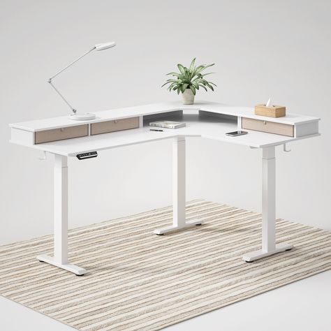 Triple Motor L-Shaped Standing Desk-With Triple Drawers - White Desks Small, Standing Desk Ergonomics, Game Zone, Desk Wood, Electric Standing Desk, Adjustable Height Standing Desk, Stand Up Desk, Stand Desk, Computer Games