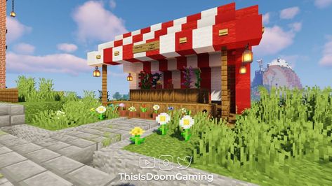 In this tutorial, we look at creating a market stall for your Minecraft world. Minecraft Fairground, Minecraft Stall, Minecraft Market Stalls, Minecraft Amusement Park, Fairy Minecraft, Minecraft World Ideas, Minecraft Market, Minecraft House Decor, Minecraft Village Ideas