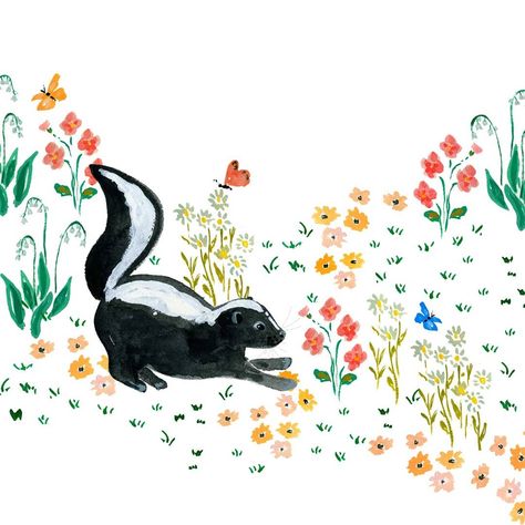 Skunk in flowers by Lindsay Brackeen | shunk animal baby flowers nursery bambi  Woodland decor wall art Skunk Painting, Skunk Illustration, Lindsay Brackeen, Skunk Tattoo, Skunk Art, Baby Skunks, Flowers Nursery, Animal Art Print, Gouache Illustrations