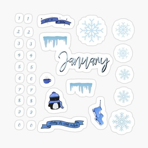 Buy 'January/winter theme Stickers Pack Bullet Journal' by tensinhouse as a Sticker Journal Banner, Bullet Journal Sticker, Theme Journal, Simple Journal, Month Ideas, Winter January, Bullet Journal Banner, Buy Stickers, Bullet Planner