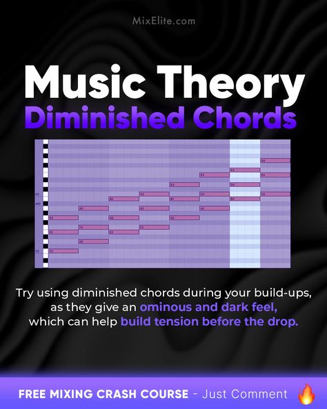 Free Mixing Crash Course 👉 MixElite.com/free-course  Dark Vibes, Big Drops 🌑  Yo, wanna add some drama to your tracks? Diminished chords are where it's at.   #musicproducer #beatmaker #diminishedchords #musictheory #tensionbuilder #dropthebeat #producerlife #studiolife Music Basics, Music Engineers, Learn Music Theory, Audio Engineering, Dark Vibes, Music Tutorials, Guitar Chord Chart, Fl Studio, Music Tech