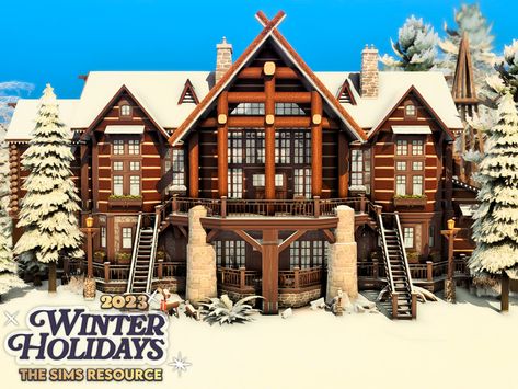 The Sims Resource - Christmas Decorated Log Cabin Penthouse Sims 4, The Sims 4 Lots, Big Farm, Free Sims 4, Cabin Signs, Lakeside Cottage, Witch House, Sims 4 Houses, The Sims Resource