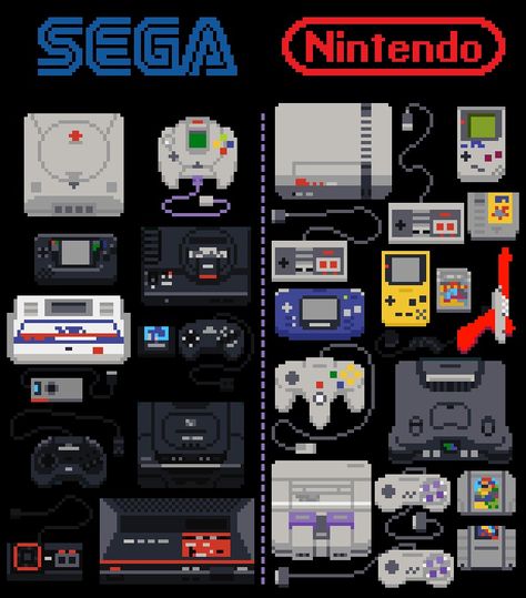 Sega Vs. Nintendo School Video, Video Game Consoles, Video Game Devices, Dream Cast, Gameboy Color, Retro Gaming Art, Nintendo Sega, Windows 98, Classic Video Games