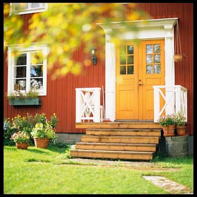 country red house, yellow door, white trim and light fixtures Red Door House, Swedish Houses, Swedish Cottage, Red Houses, Yellow Door, Shingle Exterior, Red Cottage, Yellow Doors, Yellow Trim