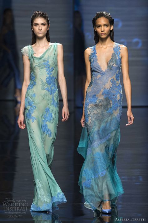 Alberta Ferretti blue lace gowns. Dreamy. Green Gowns, Aquatic Theme, Bridal Accessories Hair, Wedding Inspirasi, Elegant Dresses Classy, Green Gown, Special Occasion Outfits, Alberta Ferretti, Vintage Glamour