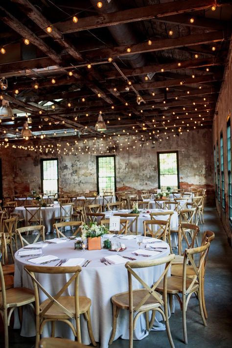 Bistro lights and rough sawn wood ceilings are the best combination. // Relix, Downtown Knoxville Wedding Venue // Simple, modern, urban, & industrial Lights For Wedding Reception Indoor, Wedding Reception Lighting Indoor, Wedding String Lights Indoor, Wedding Lights Indoor, Indoor Reception Decorations, Warehouse Wedding Reception, Industrial Chic Wedding Decor, Wedding Lighting Indoor, Brewery Wedding Reception