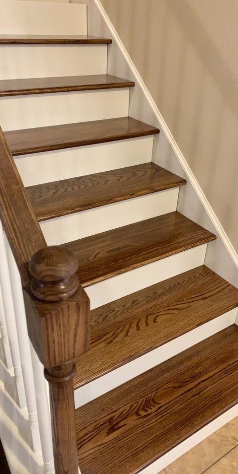 Stripped Wood Stairs, Dark Stain Stair Treads, Redo Wood Stairs, Exposed Wood Stairs, Dark Stair Treads, Restaining Wood Banister, Dark Stair Treads Light Floors, Wood Top Stairs, Wooden Stairs Renovation