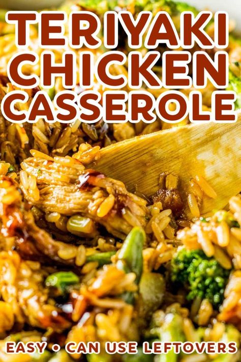 Teriyaki Chicken Casserole! Have your favorite Chinese takeout prepared in a different way: baked in a casserole dish with assorted veggies and fried rice. Perfect for leftovers! | HomemadeHooplah.com Rotisserie Chicken Chinese Recipes, Chicken Teriyaki Casserole Recipe, Chinese Food Casserole, Chicken Fried Rice Casserole, Chinese Casserole Recipes, Asian Casserole, Teriyaki Chicken Casserole, Chicken Casserole Recipes Healthy, Healthy Chicken Casserole