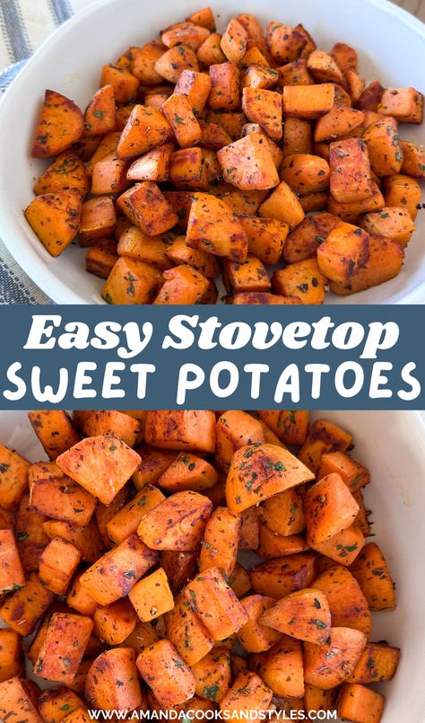 Stovetop Sweet Potatoes - Amanda Cooks & Styles Easy Ways To Cook Sweet Potatoes, Sweet Potato On The Stove, Sweet Potato Recipes On Stove Top, How To Prepare Sweet Potatoes, Best Way To Make Sweet Potatoes, Easy Way To Cook Sweet Potatoes, Sweet Potato Easy Recipes, Sweet Potatoes In The Microwave, Healthy Sweet Potatoes Recipes