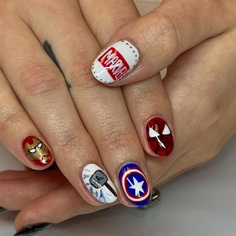 My faaavvvvv set this year 🥹🥹❤️❤️ my little marvel geek heart was crying 🥳🥳 Builder Mani Fill Freestyle Bundle : $75 Total : $75 #marvelnails #marvel #lokinails #loki #captainamerica #ironman #spiderman #thor #avengers #buildergel #buildergelmanicure #gel #gelnails #nailart Marvel Nail Ideas, Marvel Nails, Thor Avengers, Ironman Spiderman, Aesthetic Nails, Gel Manicure, Loki, Nail Ideas, Thor