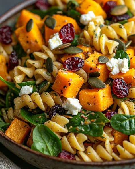 Quick and Easy Healthy Recipes | Fall Pasta Salad with Roasted Butternut Squash, Spinach, and Maple-Lime Dressing | Facebook Fall Pasta Salad, Butternut Squash Salad Recipes, Salad With Roasted Butternut Squash, Butternut Squash Spinach, Roasted Fall Vegetables, Fall Pasta, Vegetable Pasta Salads, Butternut Squash Salad, Butternut Squash Pasta