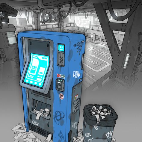 Sci Fi Vending Machine, Cyberpunk Props Concept Art, Vending Machine Drawing, Sci Fi Tech Concept, Cyberpunk Props, Lobby Ideas, Sci Fi Architecture, Space Drawings, Pixel Art Background