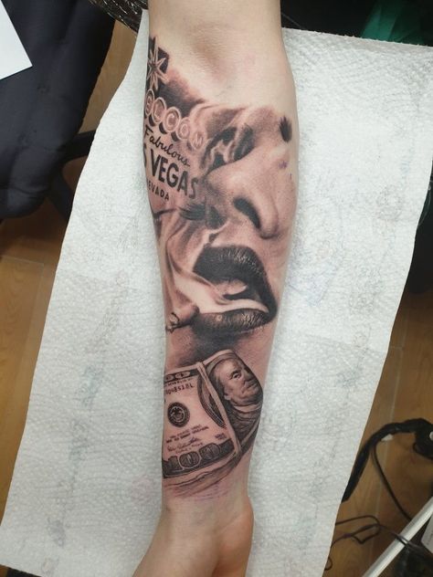 Money Sleeve Tattoos For Women, Las Vegas Sleeve Tattoo, Money Tattoos Women, Las Vegas Tattoo Ideas, Vegas Tattoo Ideas, Las Vegas Tattoo, Chicanas Tattoo, Feminine Skull Tattoos, Half Sleeve Tattoos Forearm